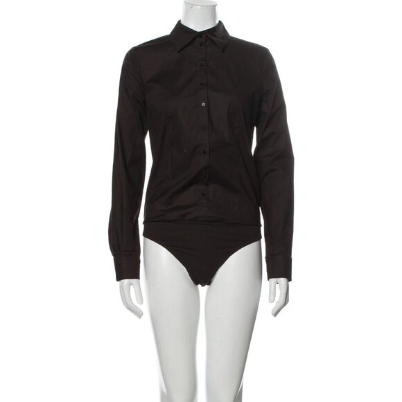 Wolford Brown Long Sleeve Button Down Shirt Bodysuit Size 6 - Picture 1 of 5